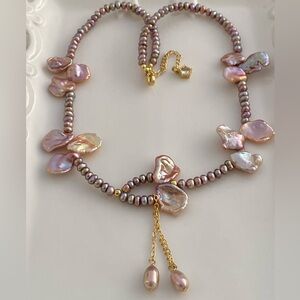 N48- Handmade High Luster Petal Pearl And Purple Baby Pearl Necklace